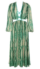 ALLOVER PRINT CUT OUT PUFF SLEEVE DRESS IN EMERALD GEMSTONE