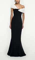 ASYMMETRIC OFF-THE-SHOULDER MAXI DRESS IN BLACK