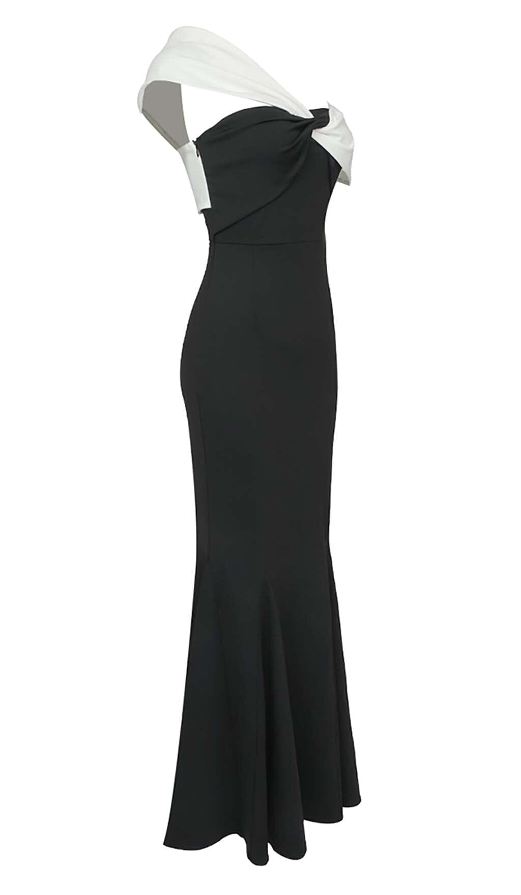 ASYMMETRIC OFF-THE-SHOULDER MAXI DRESS IN BLACK