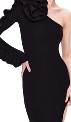 ASYMMETRIC ONE SLEEVE MIDI DRESS IN BLACK