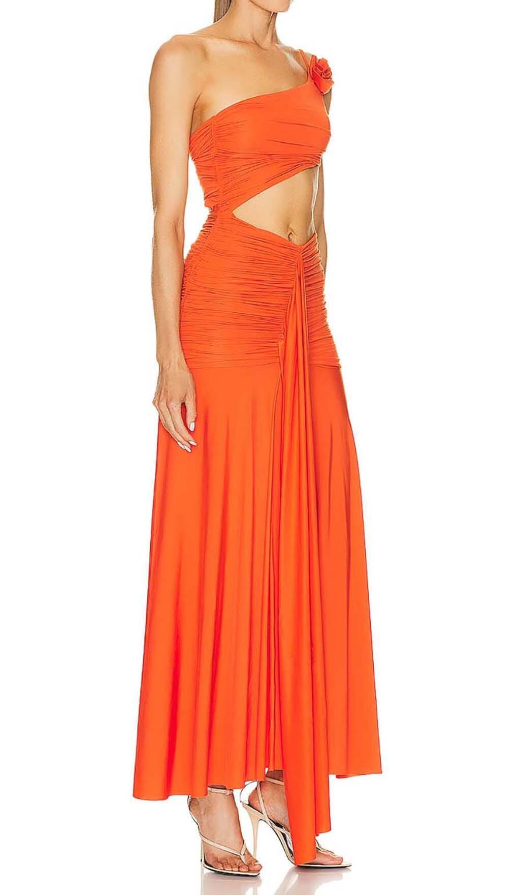 ASYMMETRIC RUCHED JERSEY MAXI DRESS IN ORANGE