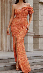 ASYMMETRIC SEQUIN MAXI DRESS IN ORANGE