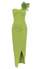 ASYMMETRICAL NECK SPLIT THIGH MIDI DRESS IN GREEN