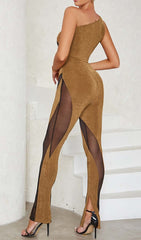 ASYMMETRICAL PATTERN MESH JUMPSUIT IN BROWN