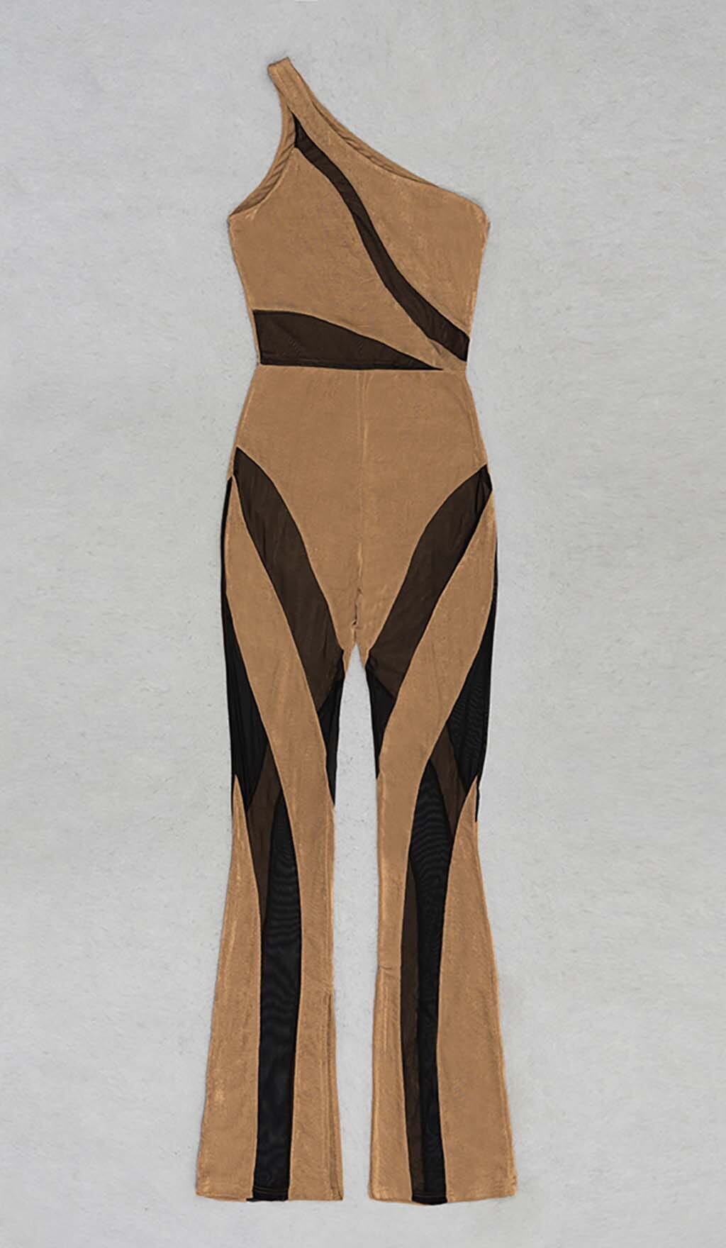 ASYMMETRICAL PATTERN MESH JUMPSUIT IN BROWN