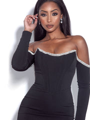 ANNIKA BLACK OFF SHOULDER LONG SLEEVE CORSET DRESS WITH CRYSTAL TRIM