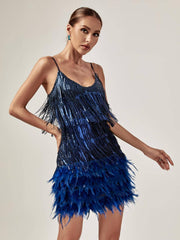 TASSEL FEATHER MINI DRESS IN ROYAL BLUE