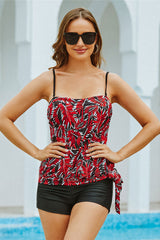 Red Leaf Print Simple Knotted Tankini