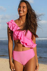 Solid Color Girly Ruffle One Shoulder Bikini