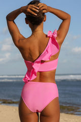 Solid Color Girly Ruffle One Shoulder Bikini