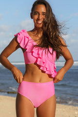 Solid Color Girly Ruffle One Shoulder Bikini
