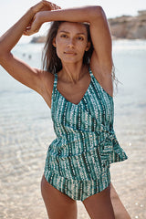 Sea Moss Batik Beachy V Neck Lace-Up Tankini