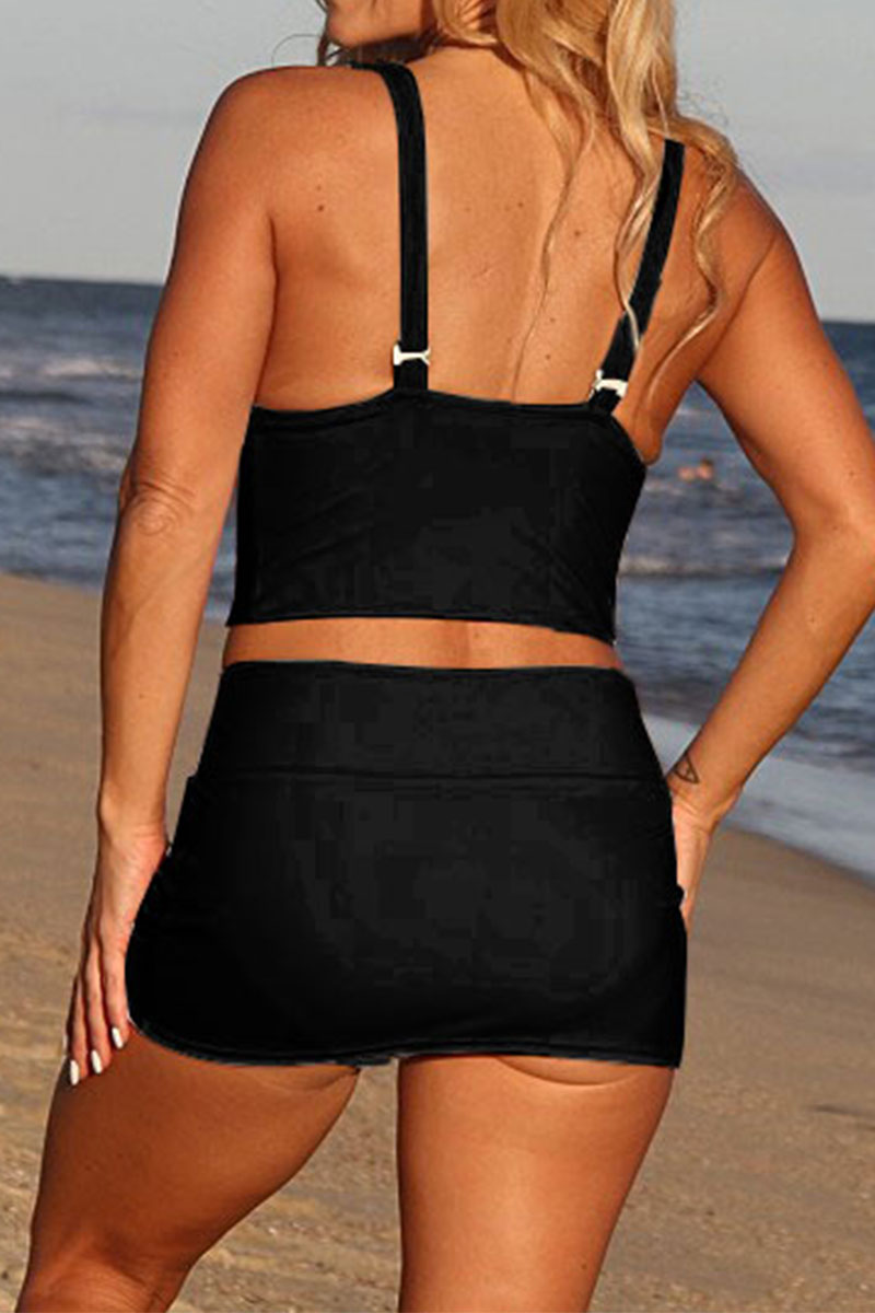 Solid Color  Sporty V Neck Cutout Tankini