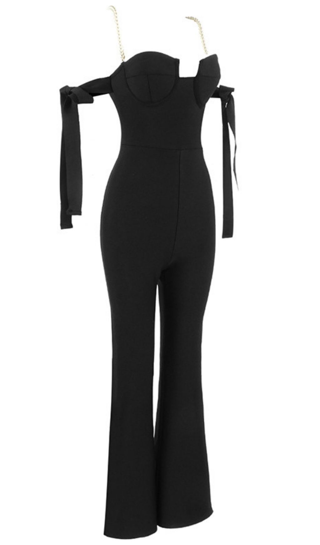 BLACK BANDAGE WAIST CINCHING JUMPSUIT