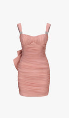 BOW DETAIL PLEATED MINI DRESS WITH GLOVES IN PINK