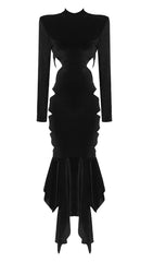 BACKLESS CUT-OUT DETAILED VELVET MIDI DRESS