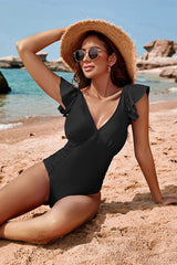 Solid Color Girly Ruffle Backless One Piece Swimwear