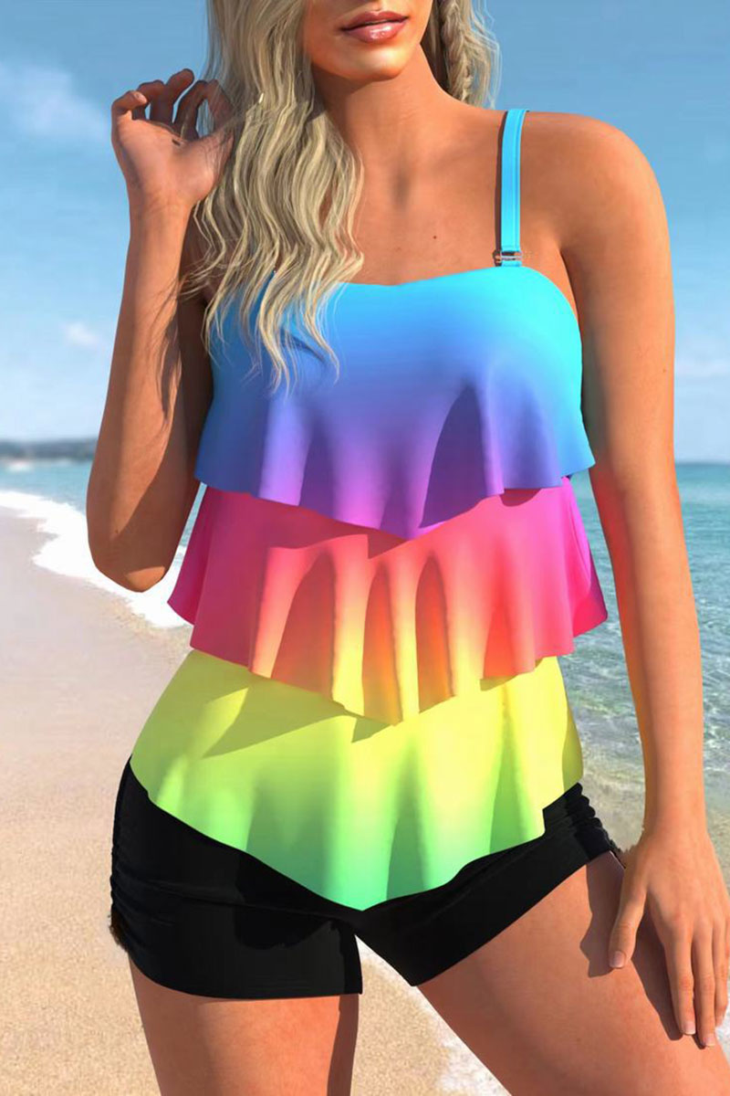 Rainbow Gradient Cute Tiered Ruffle Tankini