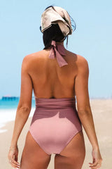 Solid Color Halter Collar Classic Ruched One Piece Swimwear