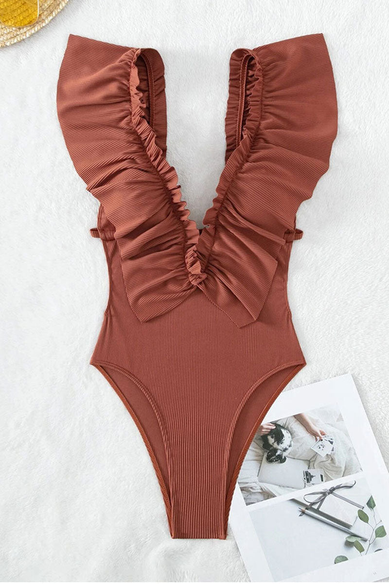 Solid Color Elegant Ruffle V Neck One Piece Swimwear