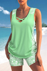 Paisley Print Patchwork Casual V Neck Tankini