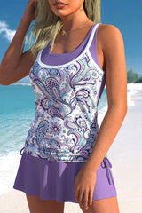 Patchwork Floral Print Cross Back Pretty Drawstring Tankini