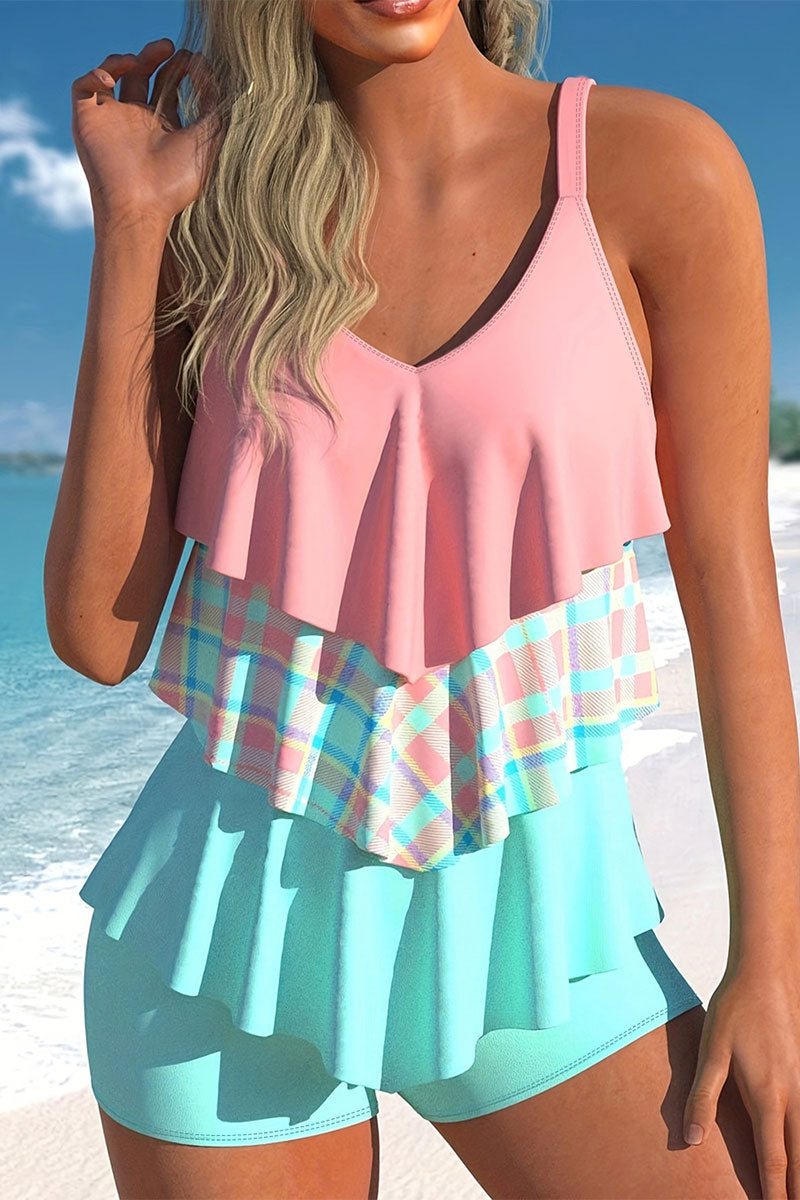 Ripple Print Sporty Tiered Ruffles Tankini