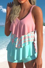 Ripple Print Sporty Tiered Ruffles Tankini