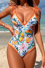 Orange Print Retro Tie Strap One Piece Swimwear