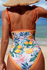 Orange Print Retro Tie Strap One Piece Swimwear