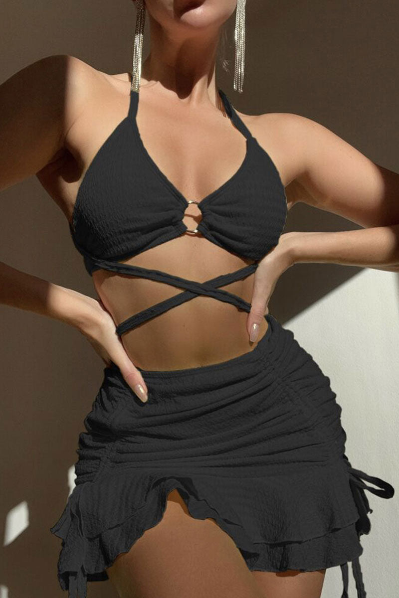 Solid Color Hot Strappy Ruffles Three Pieces