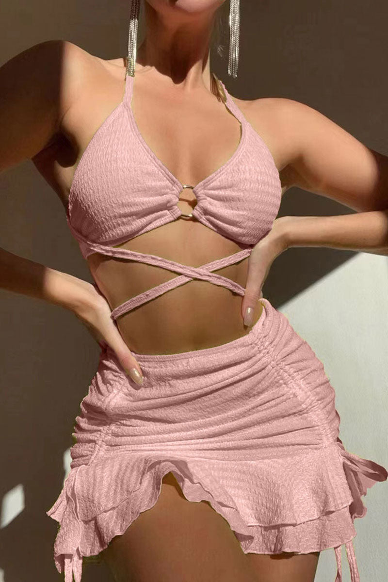 Solid Color Hot Strappy Ruffles Three Pieces