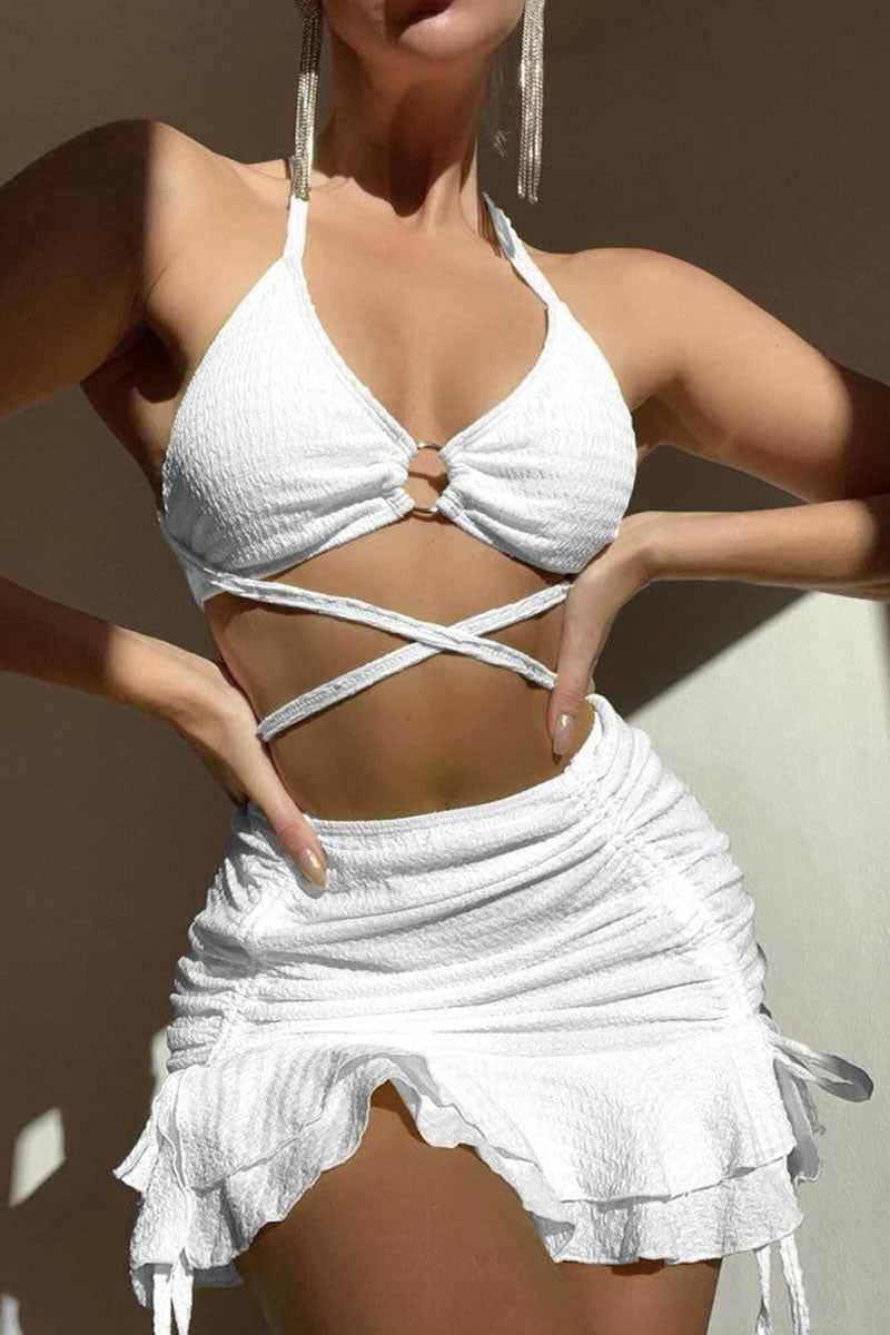 Solid Color Hot Strappy Ruffles Three Pieces