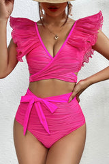 Solid Color Embossed Pretty Ruffles Front Wrap Bikini