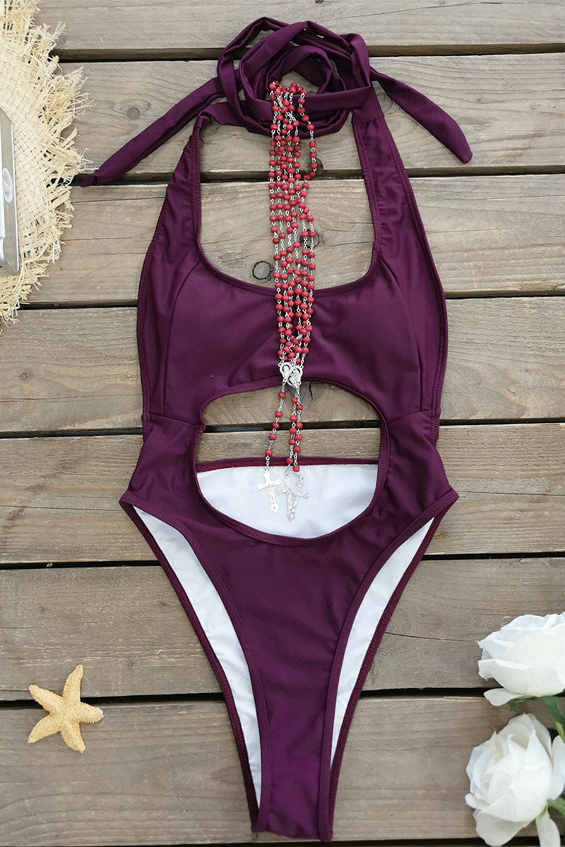 Solid Color Halter Collar Kitsch Cutout One Piece Swimwear