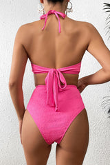 Solid Color 3D Flower Decor Striking Cutout High Waist Bikini