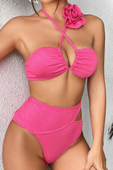 Solid Color 3D Flower Decor Striking Cutout High Waist Bikini