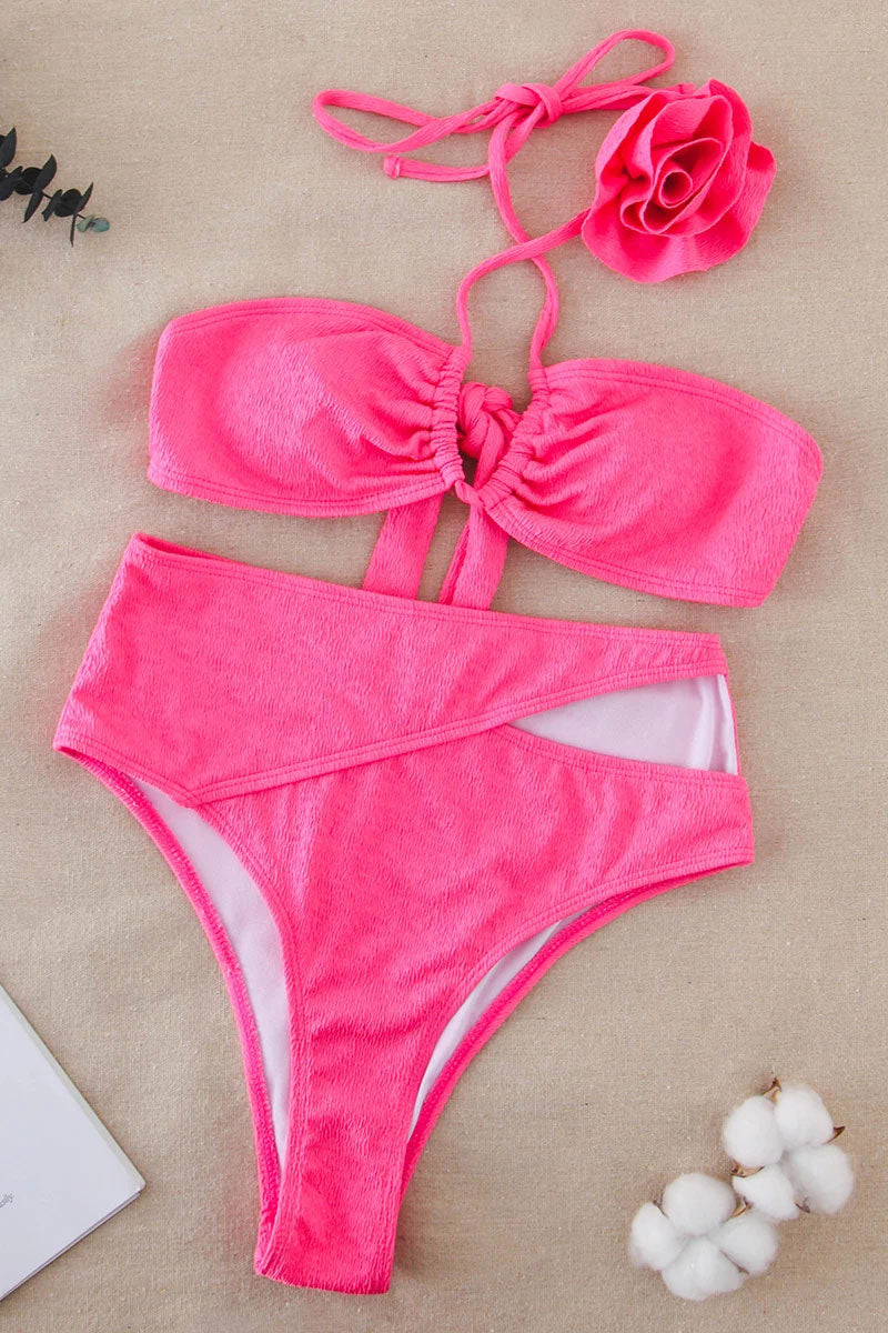 Solid Color 3D Flower Decor Striking Cutout High Waist Bikini