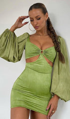 CAGE SLEEVE HOLLOW MINI DRESS IN GREEN