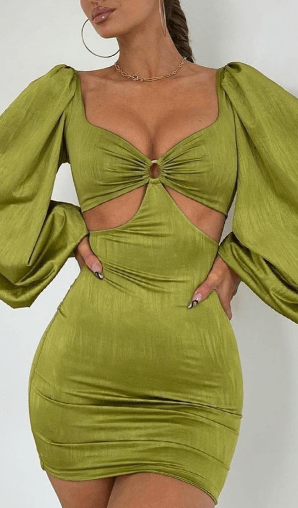 CAGE SLEEVE HOLLOW MINI DRESS IN GREEN