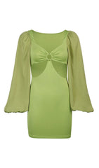 CAGE SLEEVE HOLLOW MINI DRESS IN GREEN