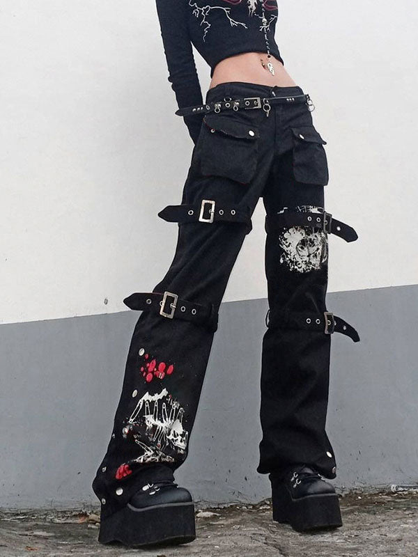 Buckle Strap Printed Cargo Jeans