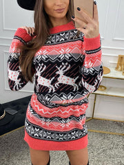 Christmas Elk Long Sleeve Sweater Dress