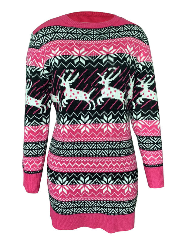 Christmas Elk Long Sleeve Sweater Dress