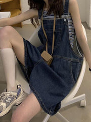 Washed Denim Baggy Overall Shorts