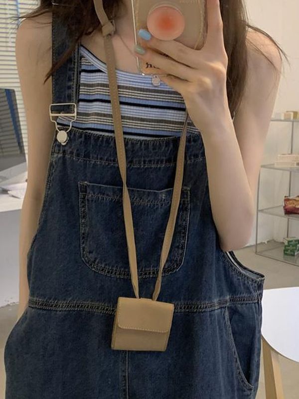 Washed Denim Baggy Overall Shorts