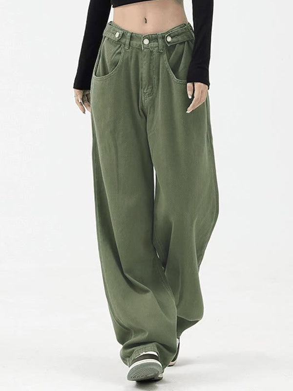 Buttoned Green Baggy Boyfriend Jeans