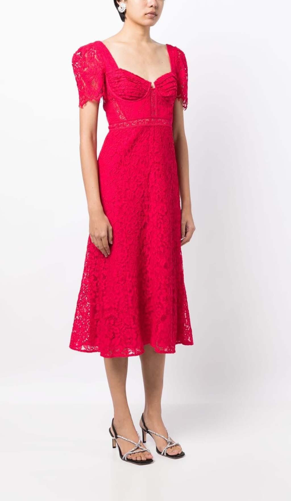 CREPE-TEXTURE LACED MIDI DRESS IN RED