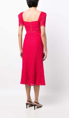 CREPE-TEXTURE LACED MIDI DRESS IN RED