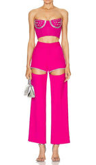 CRYSTAL STITCHED CUTOUT TWO PIECE SET IN PINK